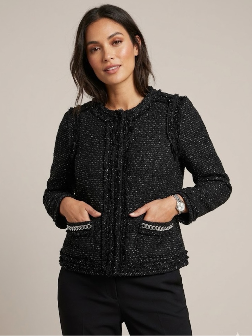 Pink Tartan Black Bouclé Tweed-Style Blazer with Silver Chain Trim. Chanel esque